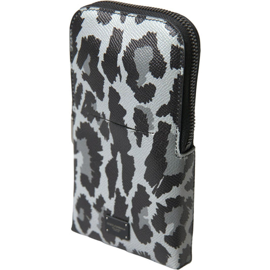 Dolce & Gabbana Gray Leopard Leather Men Purse Crossbody Sling Phone Bag BAG1092