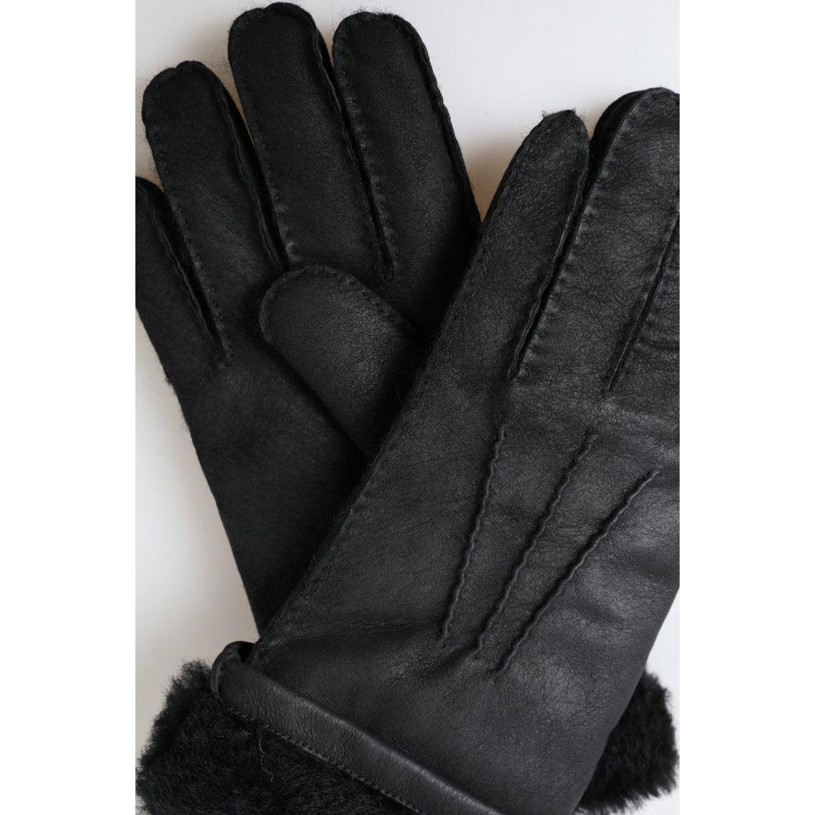 Dolce & Gabbana Black Leather Fur Short Hands Mitten Men Gloves