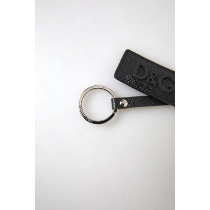Dolce & Gabbana Black DG Logo Leather Silver Metal Keychain