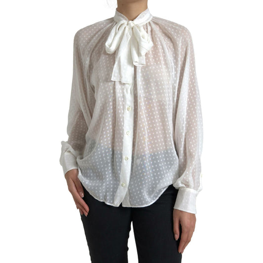 Dolce & Gabbana White Silk Sheer Tied Neck Polka Dots Blouse TSH83187-42