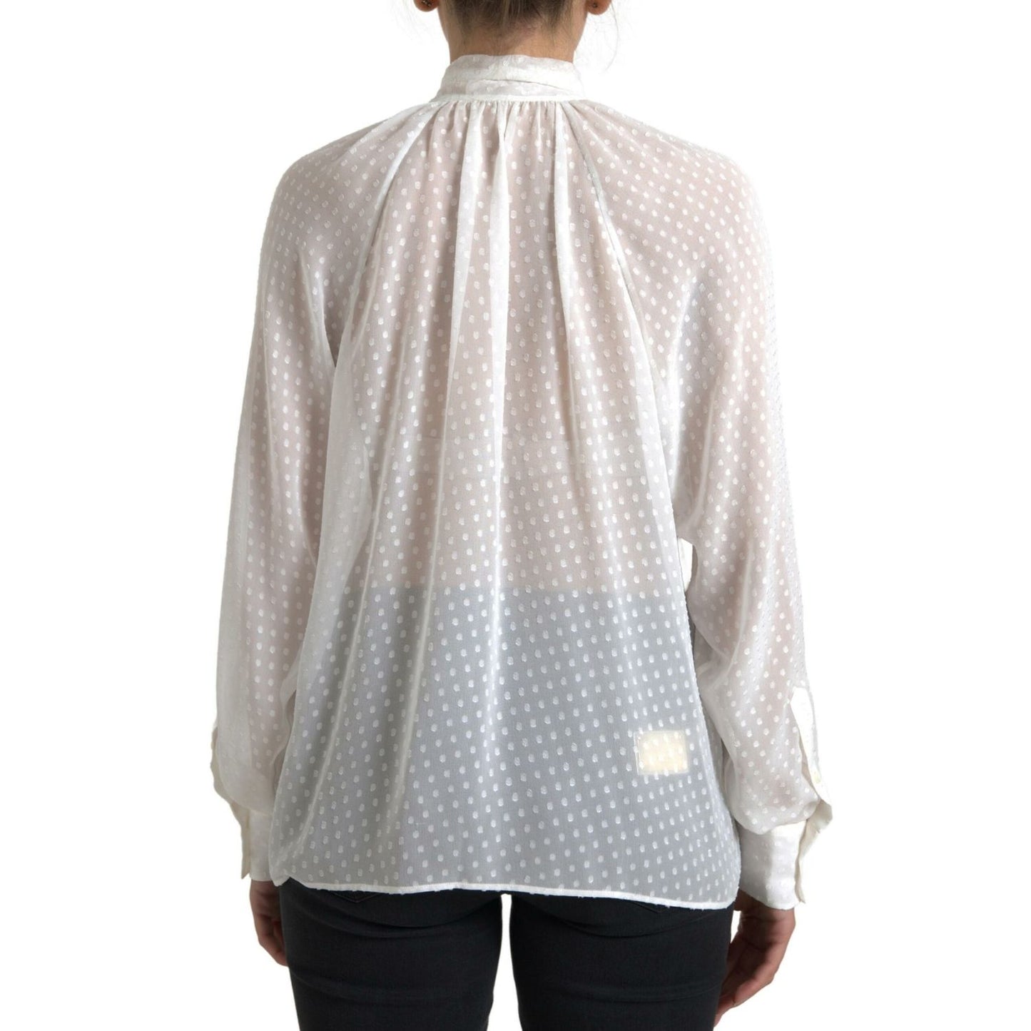 Dolce & Gabbana White Silk Sheer Tied Neck Polka Dots Blouse