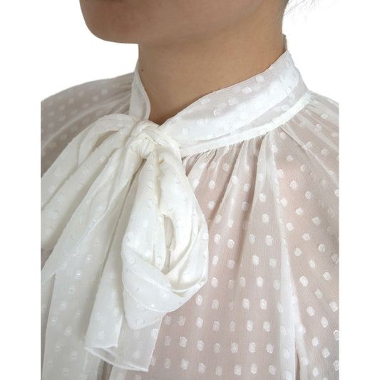Dolce & Gabbana White Silk Sheer Tied Neck Polka Dots Blouse TSH83187-42