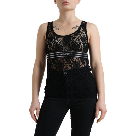 Dolce & Gabbana Elegant Lace Tank Top with Logo Stripe Dolce & Gabbana Black