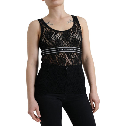 Dolce & Gabbana Elegant Lace Tank Top with Logo Stripe Dolce & Gabbana Black