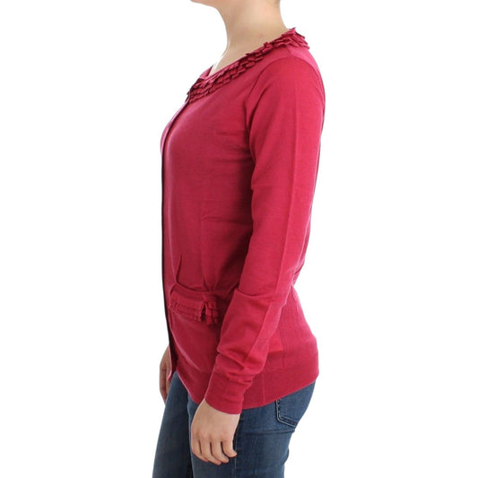 John Galliano Ruffle Detail Wool Cardigan in Pink John Galliano Maroon