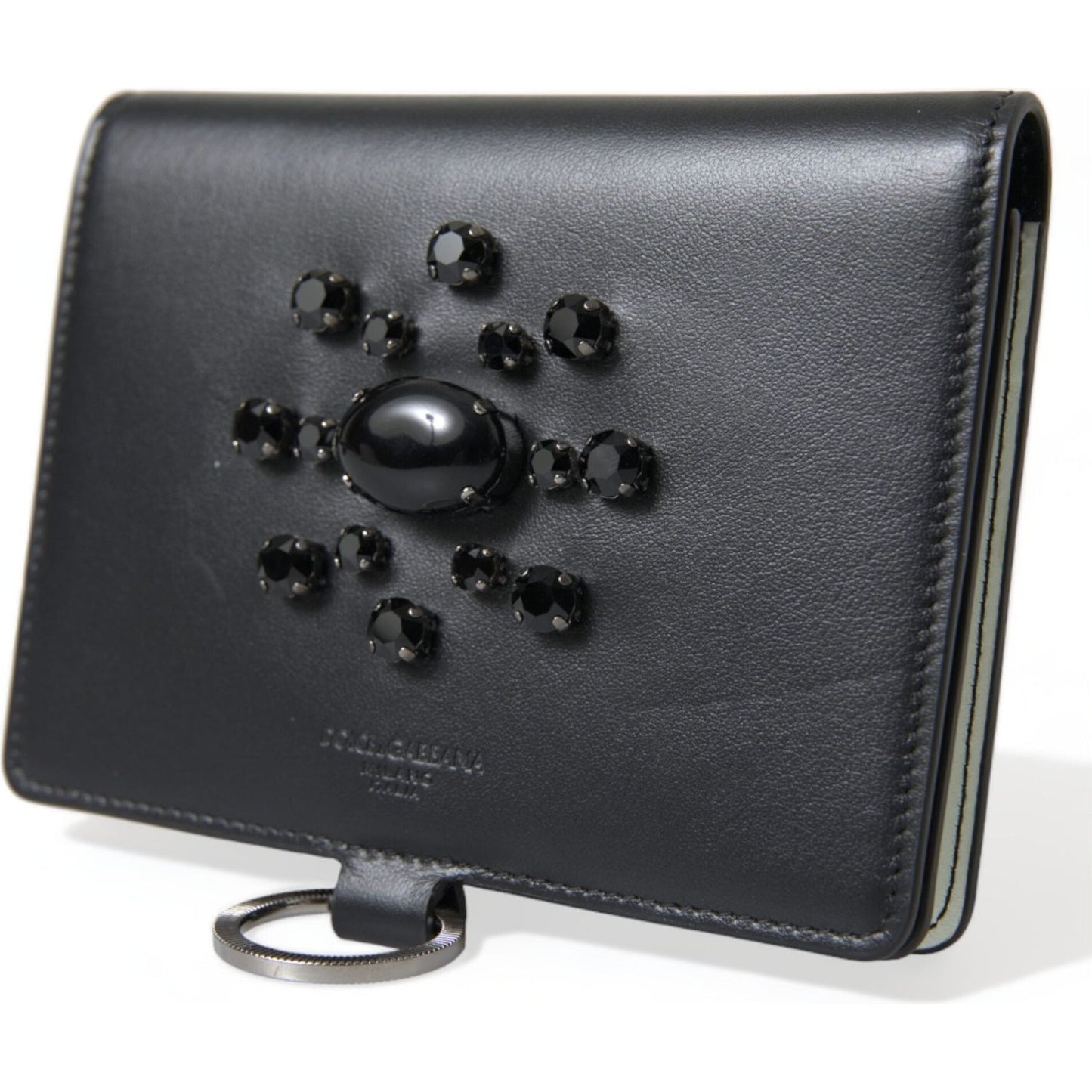 Dolce & Gabbana Black Leather Crystal Embellished Card Holder Wallet
