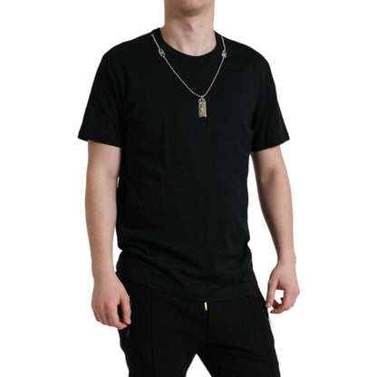 Dolce & Gabbana Black Cotton Dog Tag Round Neck T-shirt