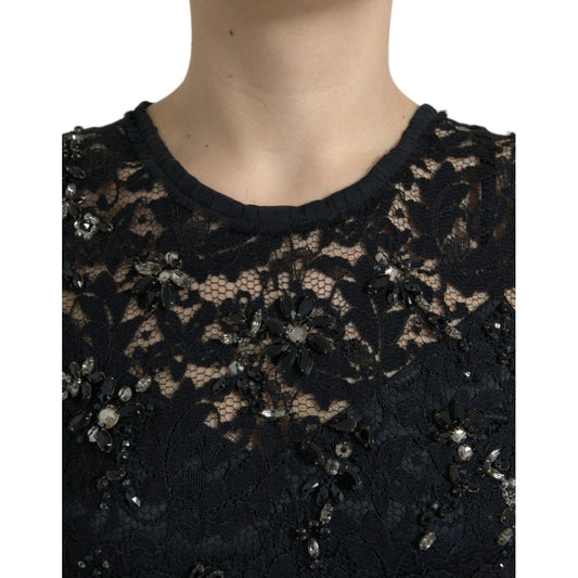 Dolce & Gabbana Exquisite Black Floral Lace Crystal Sheath Dress Dolce & Gabbana Black