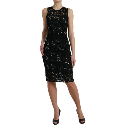 Dolce & Gabbana Exquisite Black Floral Lace Crystal Sheath Dress Dolce & Gabbana Black