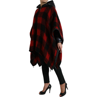 Dolce & Gabbana Black Red Buffalo Check Hooded Poncho Jacket
