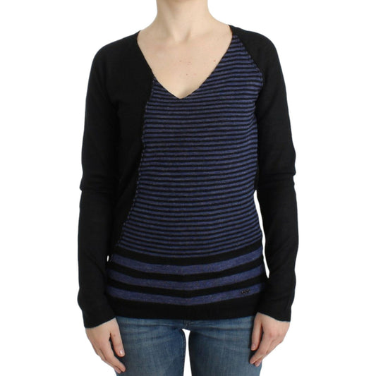 Costume National Chic Striped V-Neck Wool Blend Sweater Costume National Black