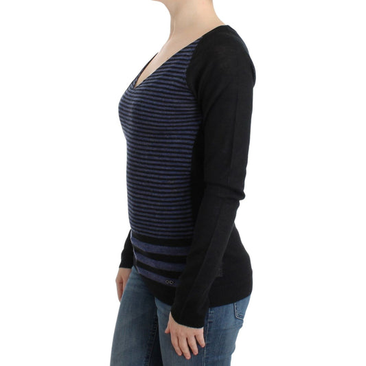 Costume National Chic Striped V-Neck Wool Blend Sweater Costume National Dark Slate Gray