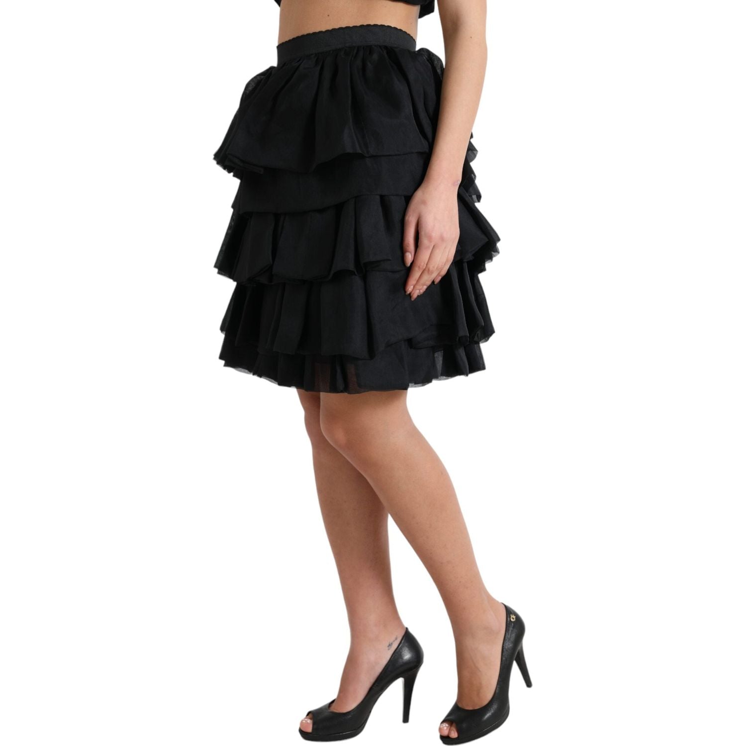 Dolce & Gabbana Black Tiered Aline High Waist Silk Mini Skirt