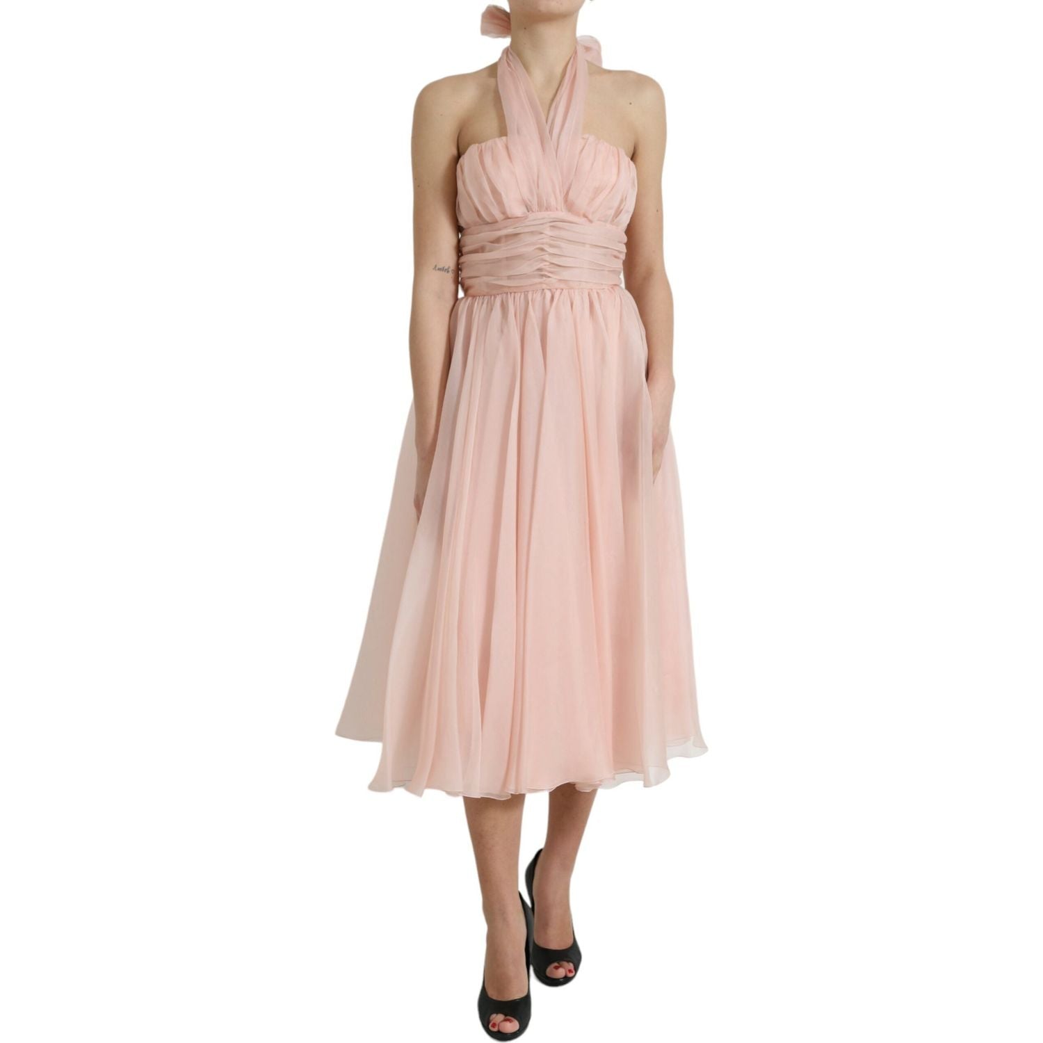 Dolce & Gabbana Pink Silk Chiffon Halter A-line Pleated Midi Dress