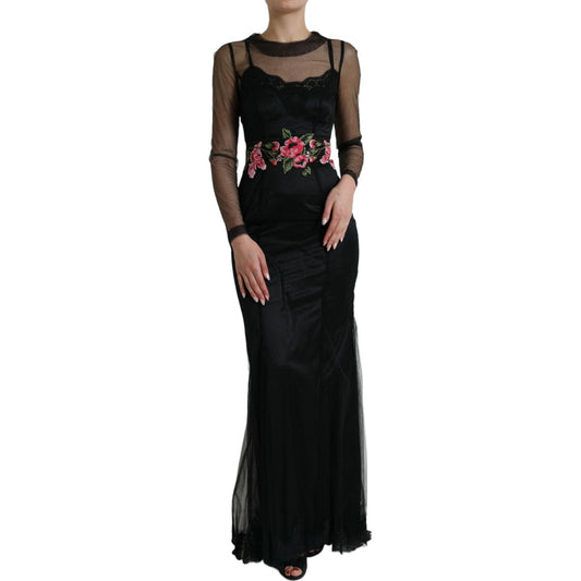 Dolce & Gabbana Floral Embroidery Tulle Long Evening Dress Dolce & Gabbana Black