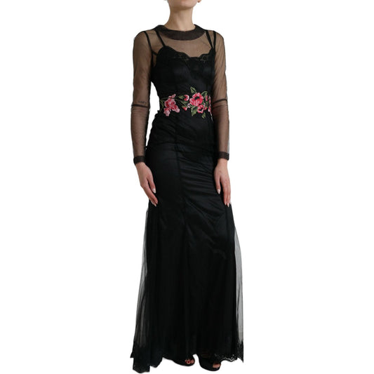 Dolce & Gabbana Floral Embroidery Tulle Long Evening Dress Dolce & Gabbana Black