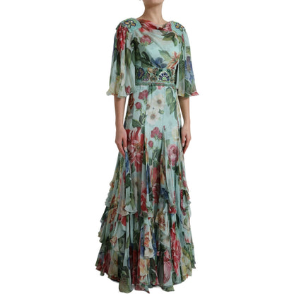 Dolce & Gabbana Blue Floral Print Tiered Long Maxi Dress