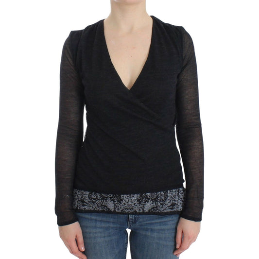 Ermanno Scervino Deep V-neck Black Wool Blend Sweater Ermanno Scervino Dark Slate Gray