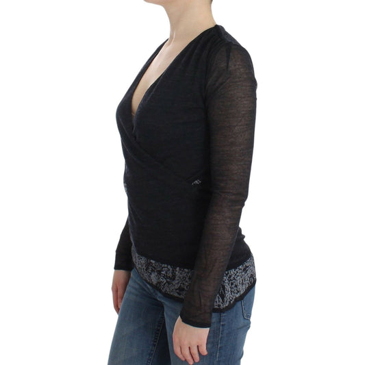Ermanno Scervino Deep V-neck Black Wool Blend Sweater Ermanno Scervino Dark Slate Gray