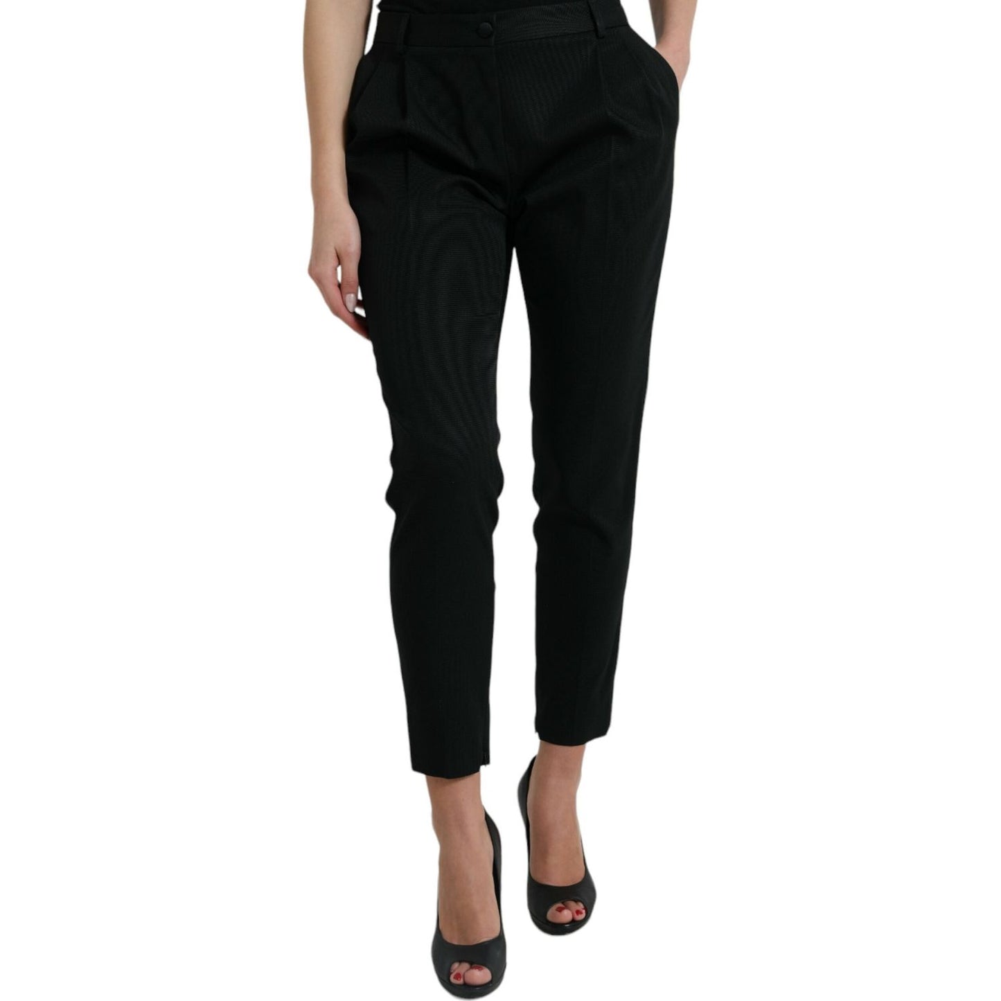 Dolce & Gabbana Black Wool High Waist Cropped Tapered Pants