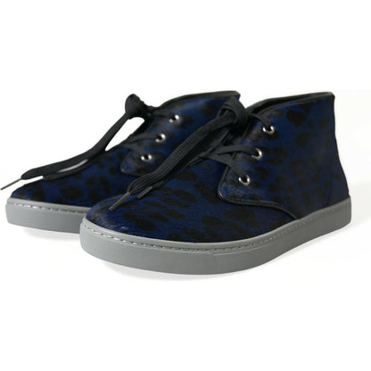 Dolce & Gabbana Blue Calfskin Leopard Mid Top Sneakers Shoes