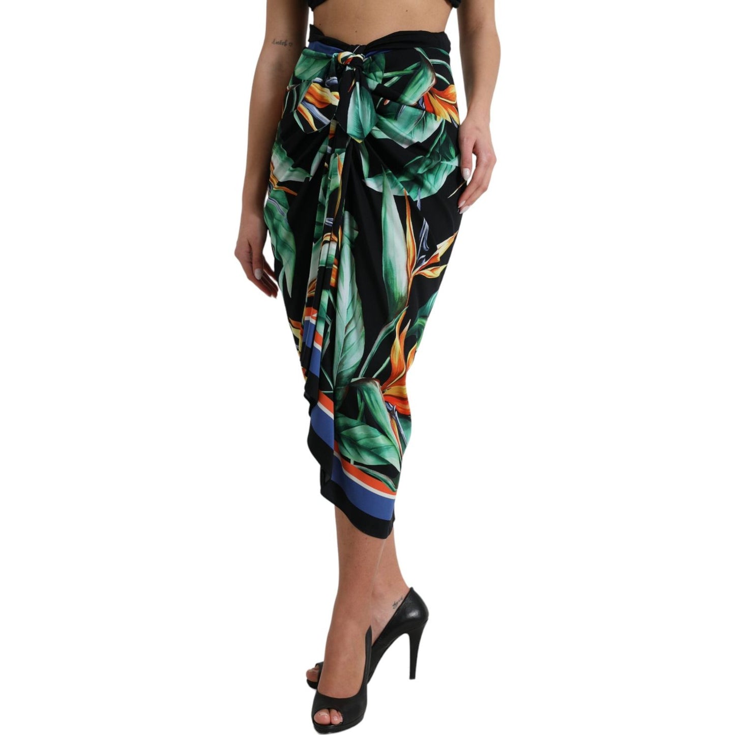 Dolce & Gabbana Black Strelitzia High Waist Wrap Midi Skirt
