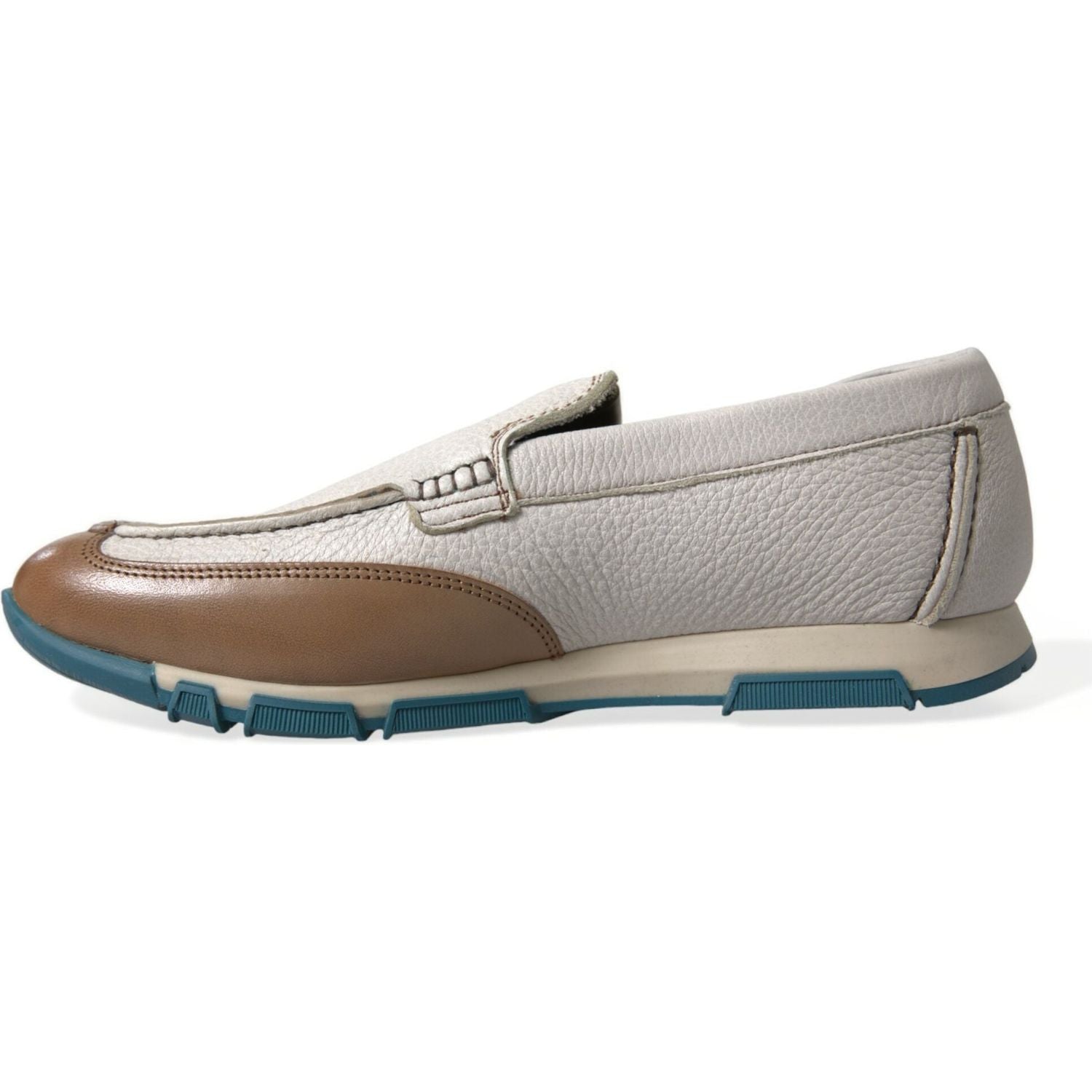 Dolce & Gabbana White Brown Leather Slip On Men Moccasin Shoes