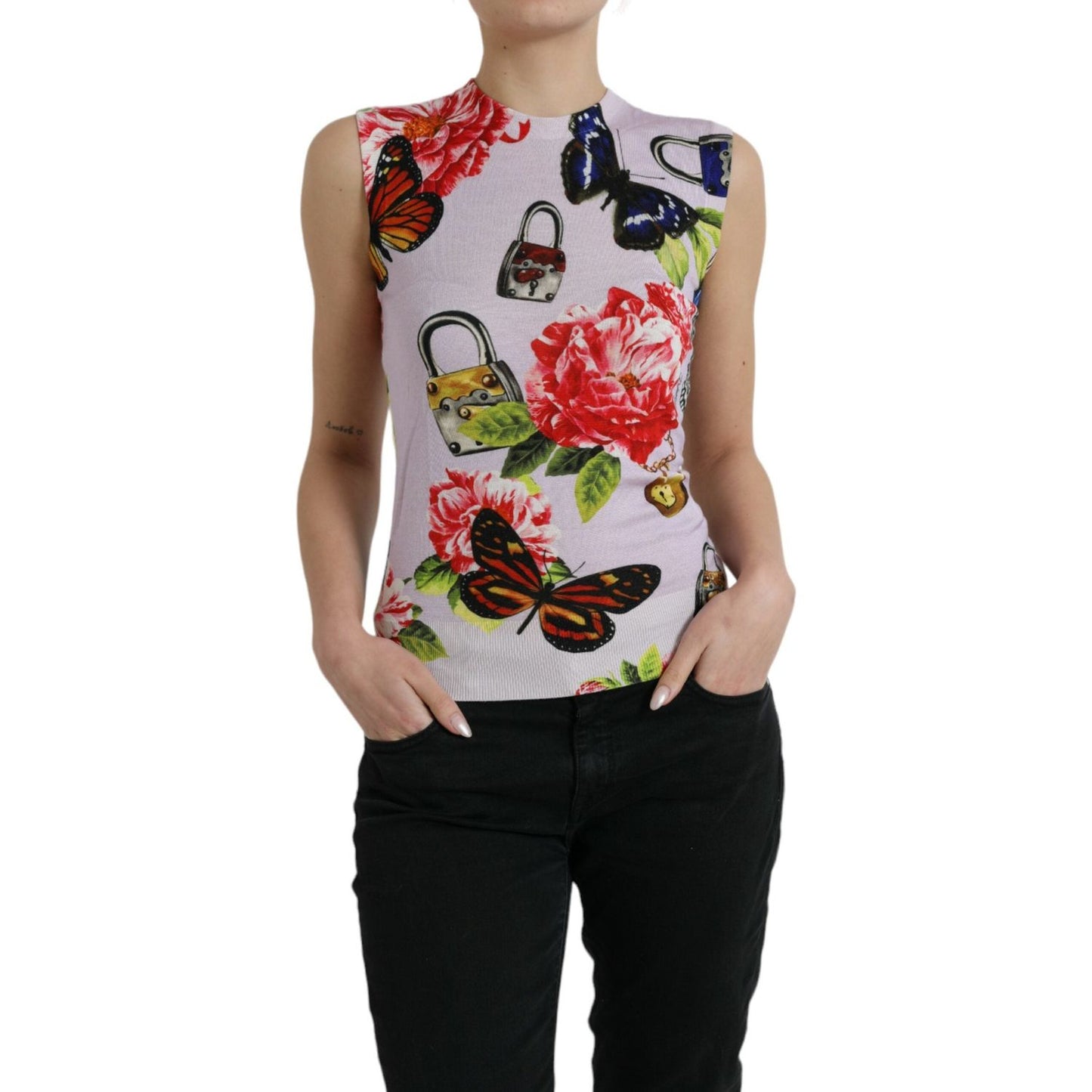 Dolce & Gabbana Multicolor Floral Padlock Butterfly Tank Top