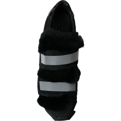 Dolce & Gabbana Black Fur Embellished Suede Sneakers Shoes