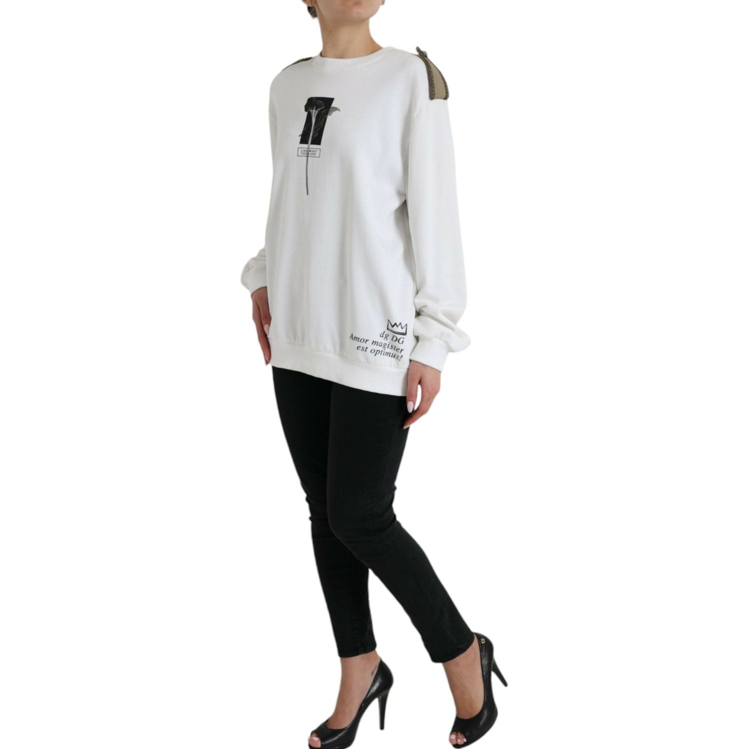 Dolce & Gabbana White Floral Cotton Crew Neck Pullover Sweater
