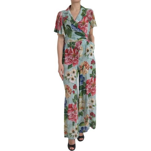 Dolce & Gabbana Blue Floral Wide Leg Wrap Jumpsuit Dress