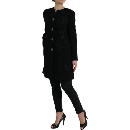 Dolce & Gabbana Elegant Floral Buttoned Wool Trench Coat Dolce & Gabbana Black
