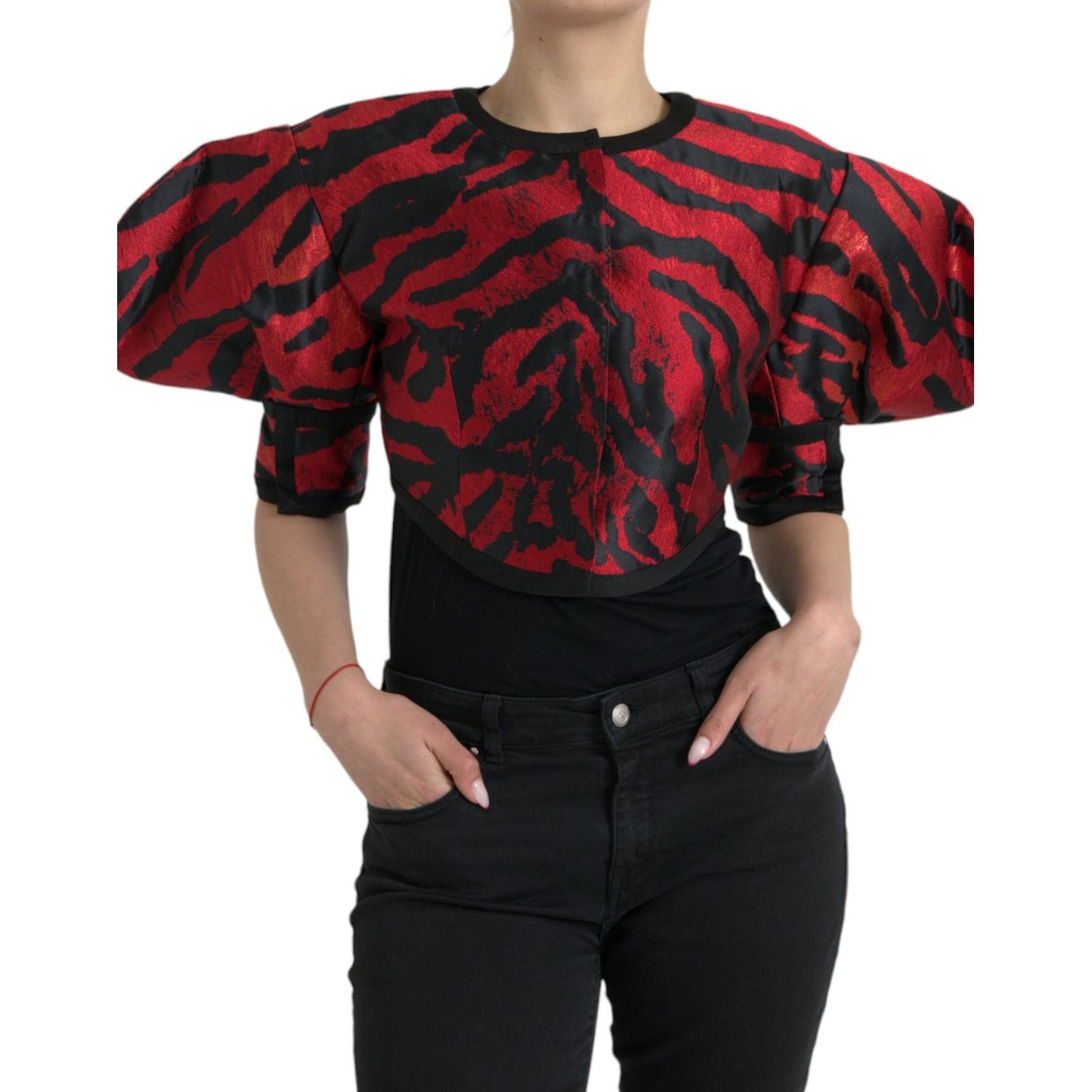 Dolce & Gabbana Black Red Patterned Cropped Coat Jacket