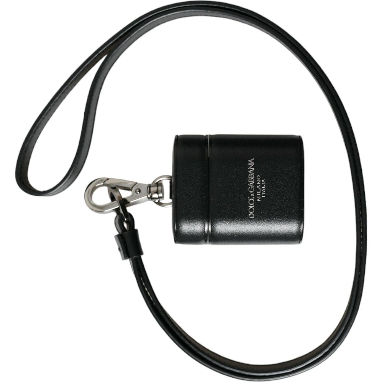 حافظة Airpods من Dolce &amp; Gabbana بحزام جلدي أسود وشعار معدني فضي مطبوع