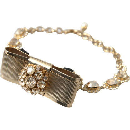 Dolce & Gabbana Gold Brass Clear Crystal Bow Chain Choker Necklace Necklace