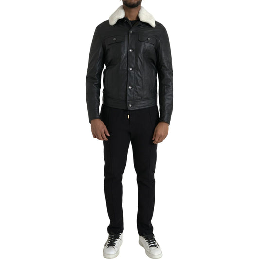 Dolce & Gabbana Black Leather Fur Collar Biker Coat Jacket Dolce & Gabbana Black