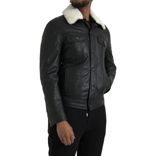 Dolce & Gabbana Black Leather Fur Collar Biker Coat Jacket Dolce & Gabbana Black