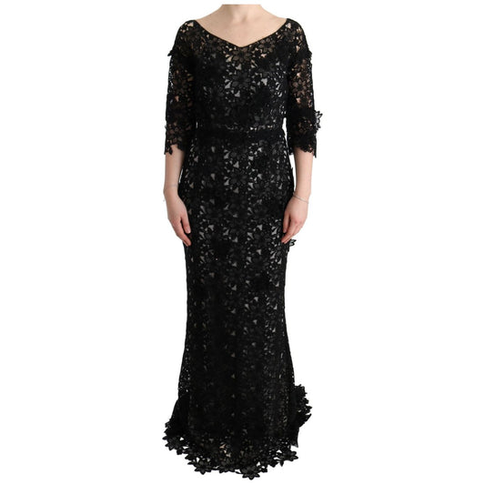 Dolce & Gabbana Elegant Black Maxi Shift Dress with Floral Applique Dresses Dolce & Gabbana Black