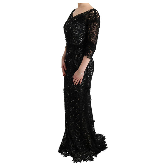 Dolce & Gabbana Elegant Black Maxi Shift Dress with Floral Applique Dresses Dolce & Gabbana Black