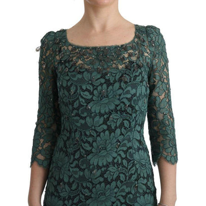 Dolce & Gabbana Green Floral Crystal Ricamo Sheath Dress