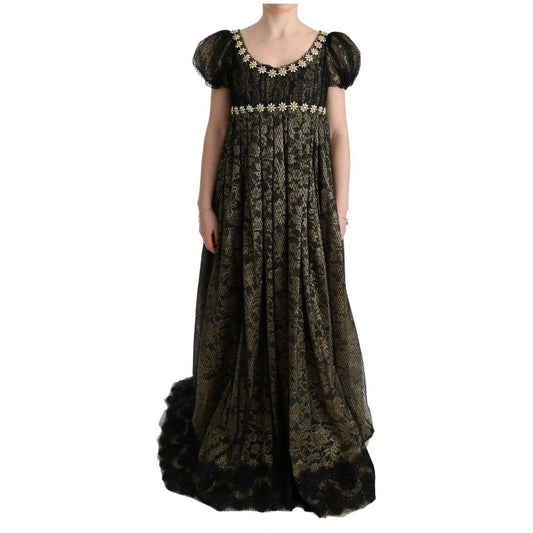 Dolce & Gabbana Sunflower Lace Crystal Maxi Shift Dress Dolce & Gabbana Black