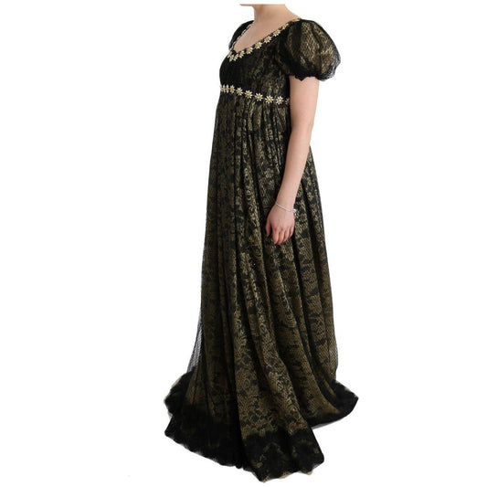 Dolce & Gabbana Sunflower Lace Crystal Maxi Shift Dress Dolce & Gabbana Black