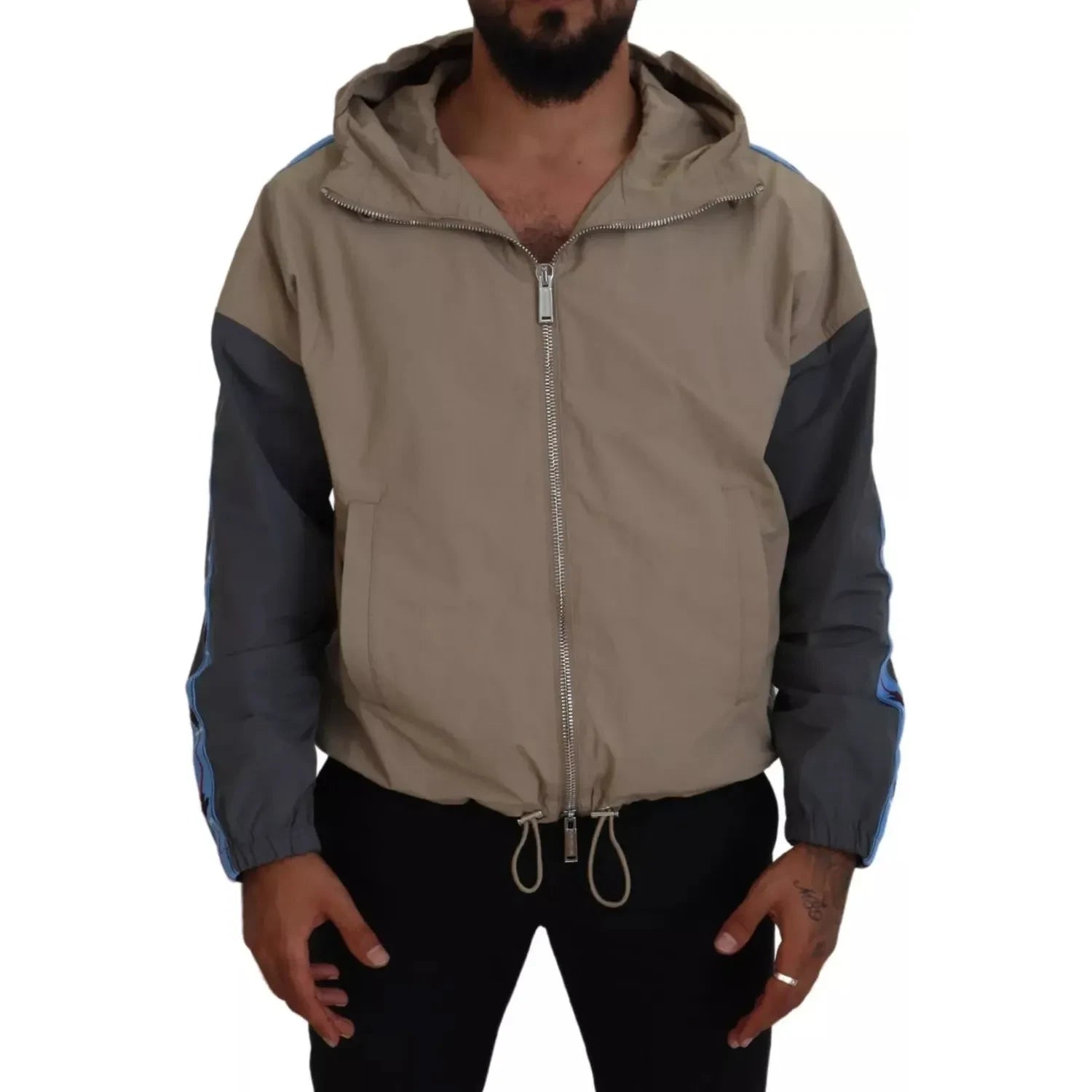 جاكيت Dsquared² بني رمادي بأكمام بغطاء رأس وسحاب كامل