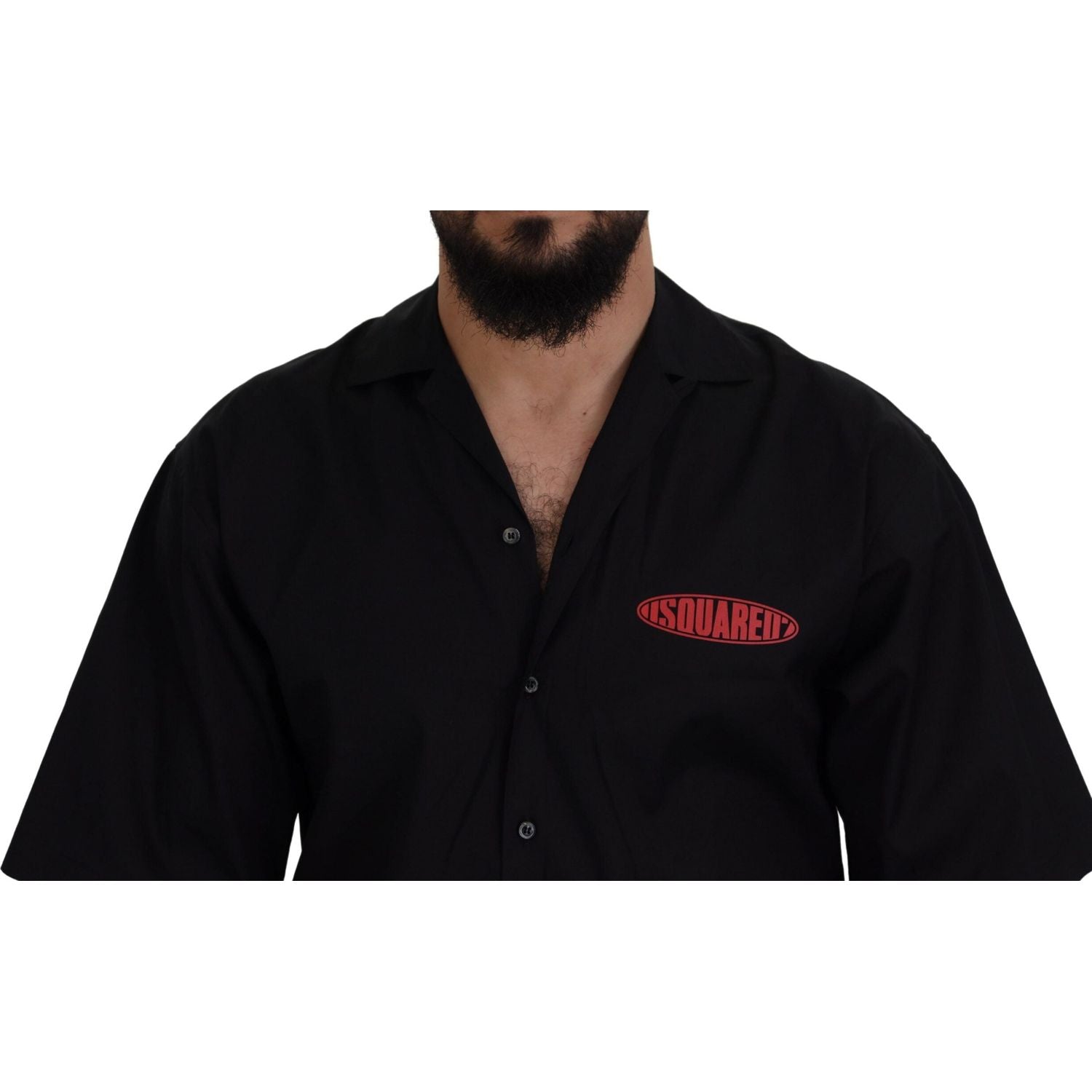 Dsquared² Black Cotton Collared Logo Print Short Sleeve Shirt