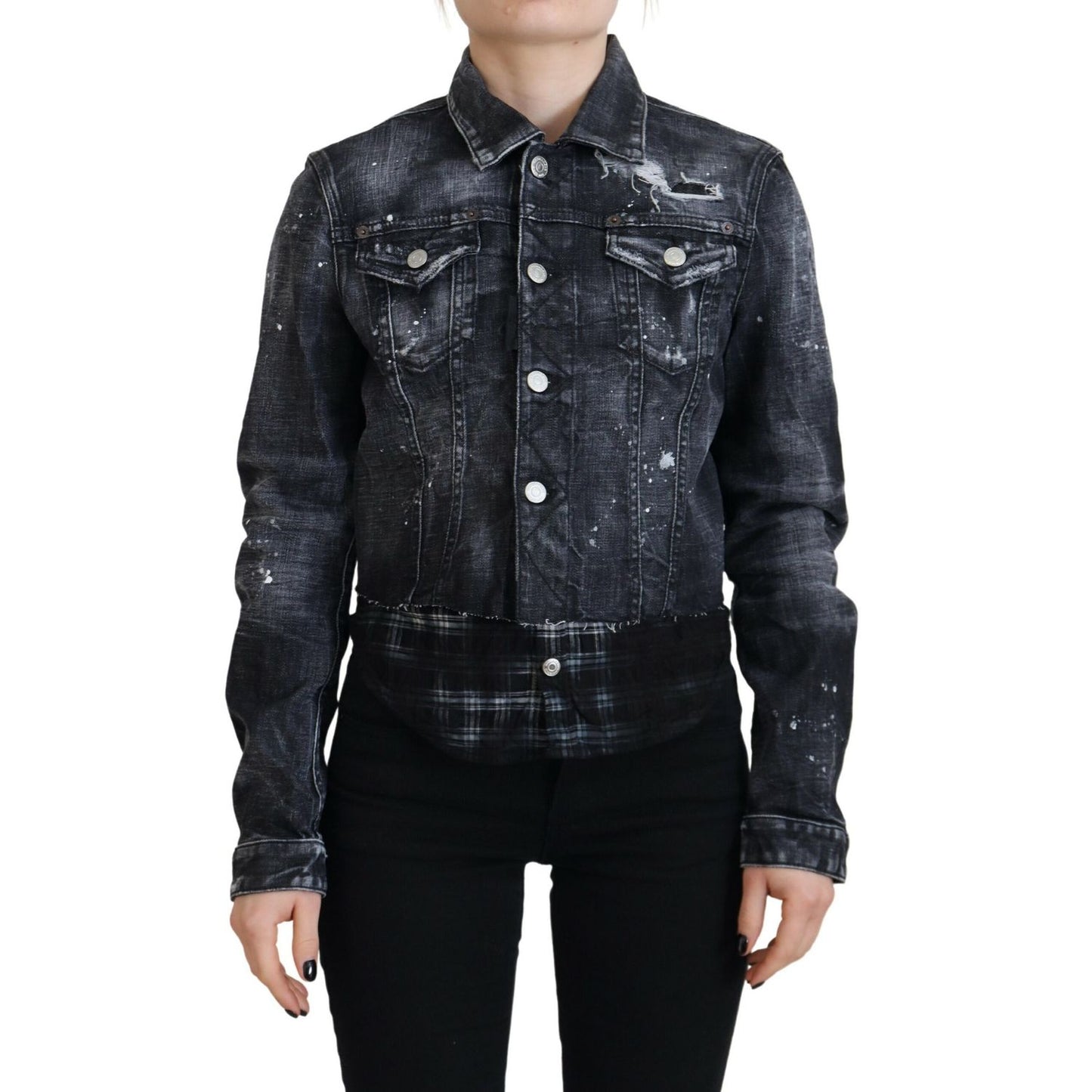 Dsquared² Gray Washed Cotton Distressed Denim Jacket