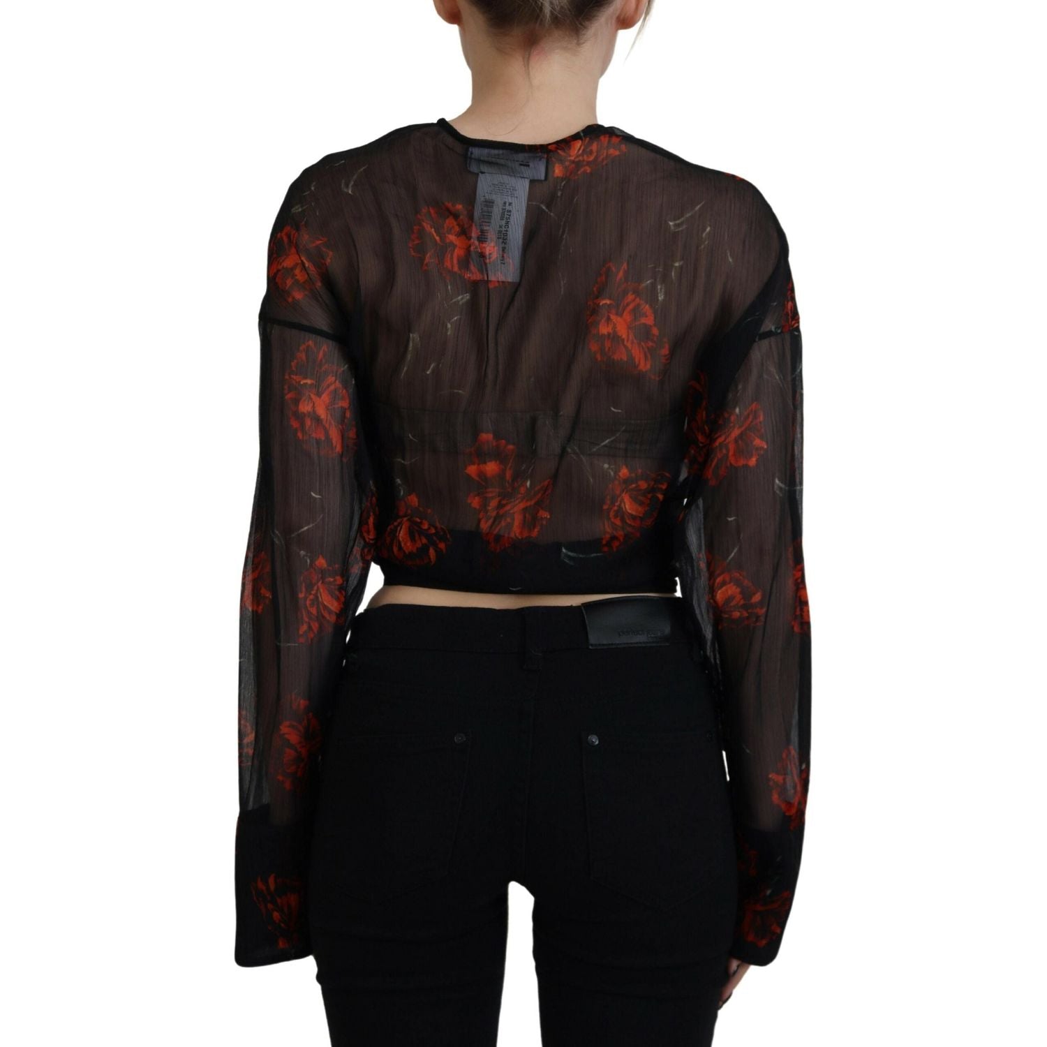 Dsquared² Black Floral Print Cropped Wrap Long Sleeves Top