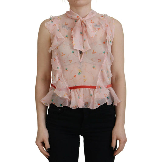 Dsquared² Pink Floral Print Silk Sleeveless Ascot Collar Top Dsquared² Rosy Brown