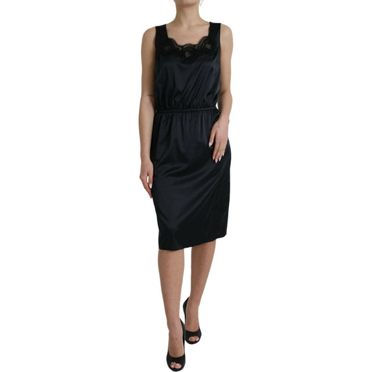 Dolce & Gabbana Black Polyester Lace Trim Sheath Midi Dress Dolce & Gabbana Black