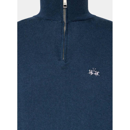 La Martina Blue Wool Men Sweater with Half Zip Closure