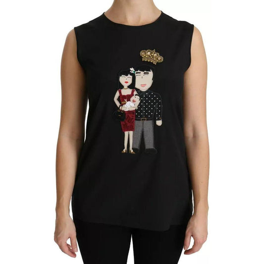 Dolce & Gabbana Black Silk DG Family Crystal Sleeveless Top Dolce & Gabbana Black